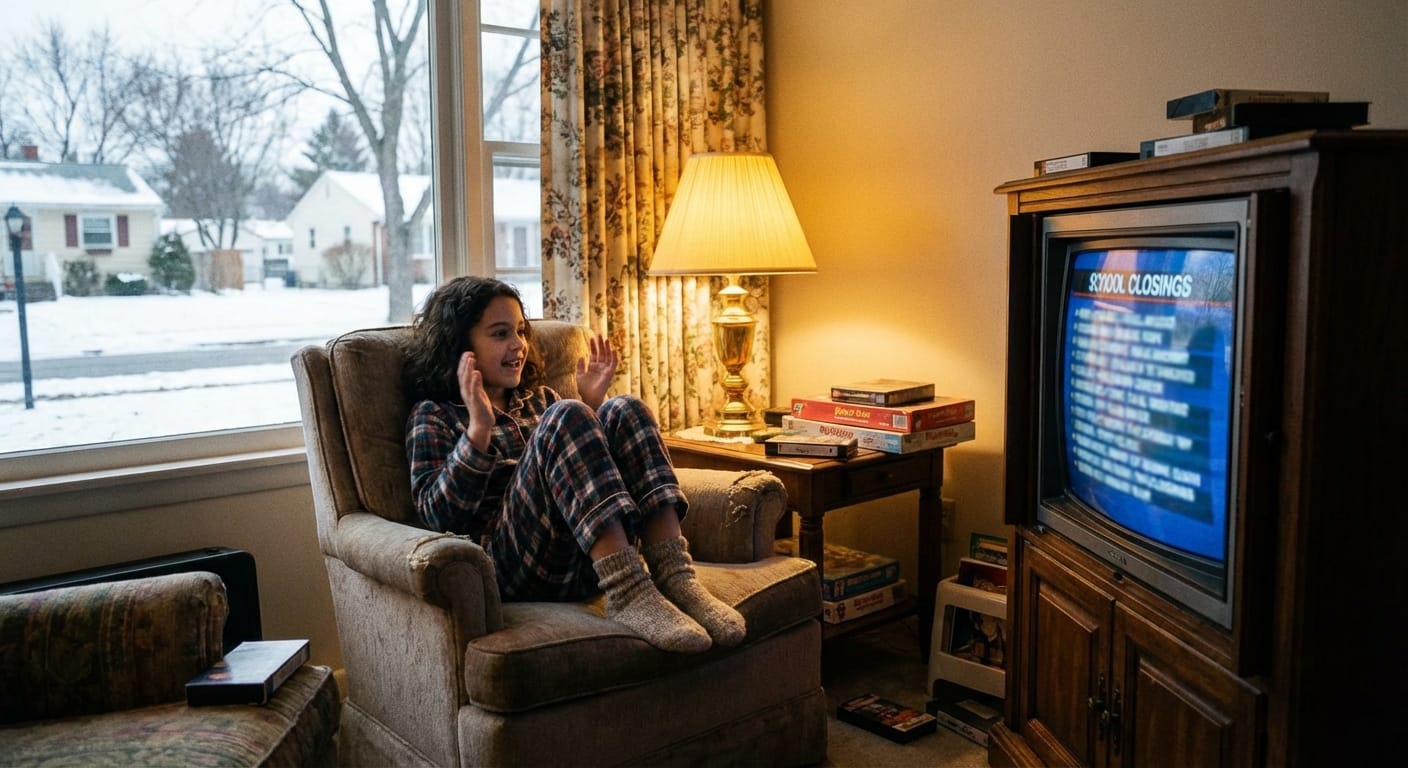 A young girl in a 1994 living room watches a CRT TV showing school closings while snow covers the yard outside.