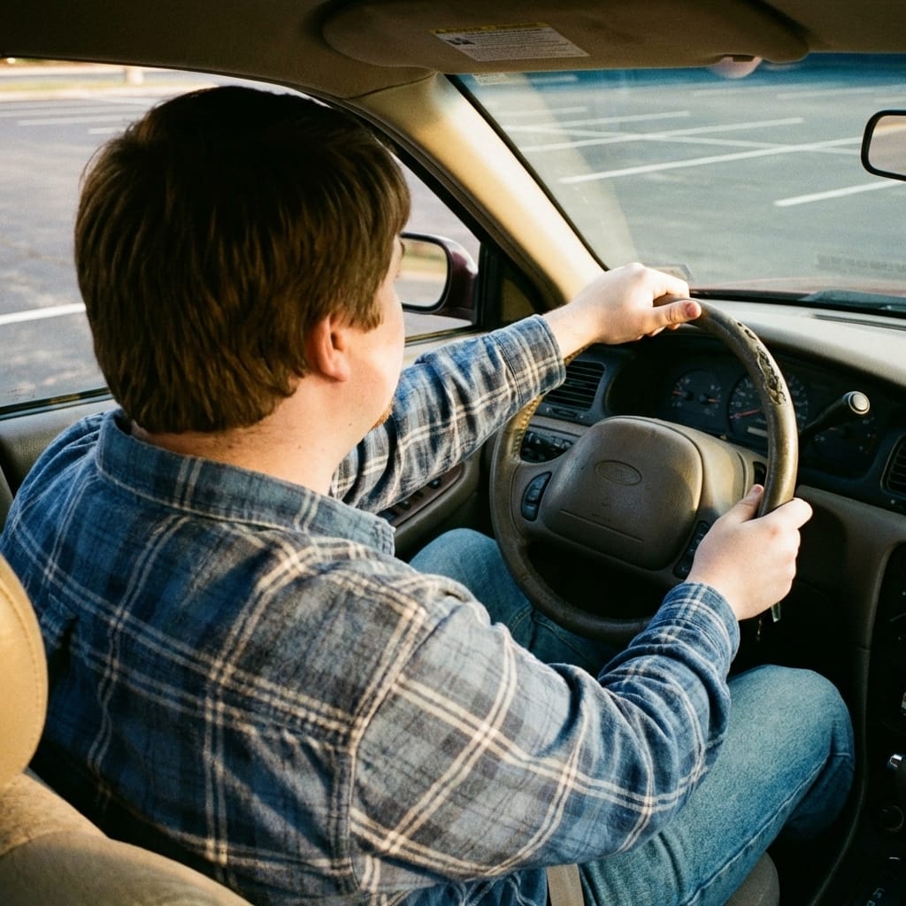 Tyler Grant’s nervous hands on the wheel as the family sedan begins to roll forward in an empty parking lot in 2000.
