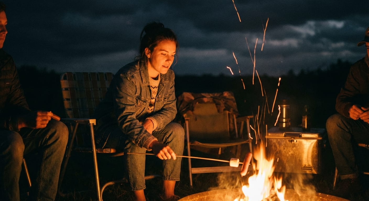 Rebecca Lane sits by a 1988 campfire in a folding chair, holding a roasting stick as sparks rise into the night.