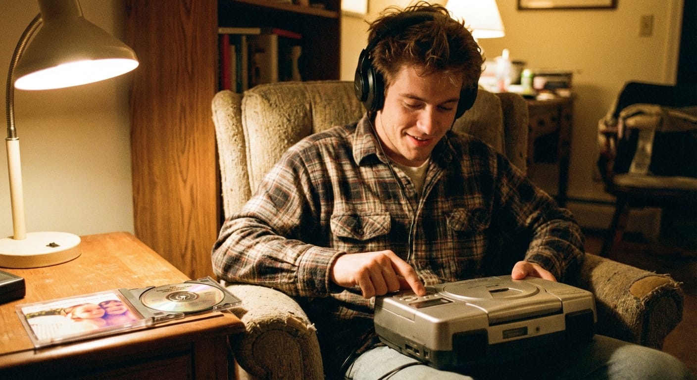 A young man in 1993 listening to a portable CD player with wired headphones, hand poised over the skip button, an open CD case beside him.