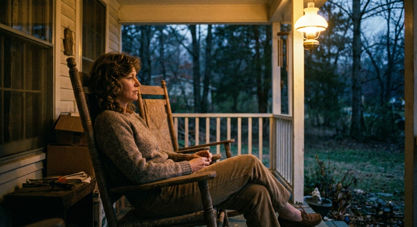 Susan Blake sitting on a wooden porch at night beneath a dim porch light beside a second chair.