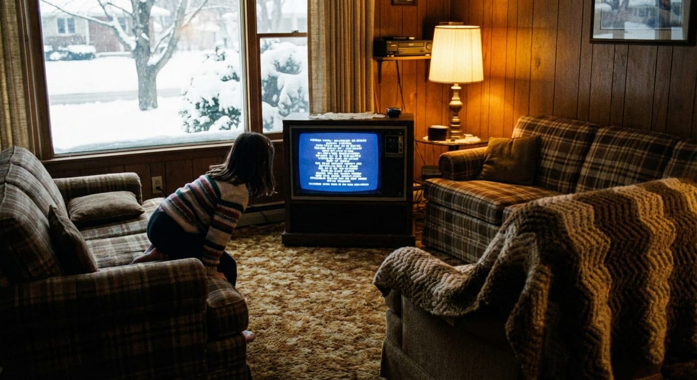A young girl watches a CRT television for a school closing while snow covers the yard outside the window.