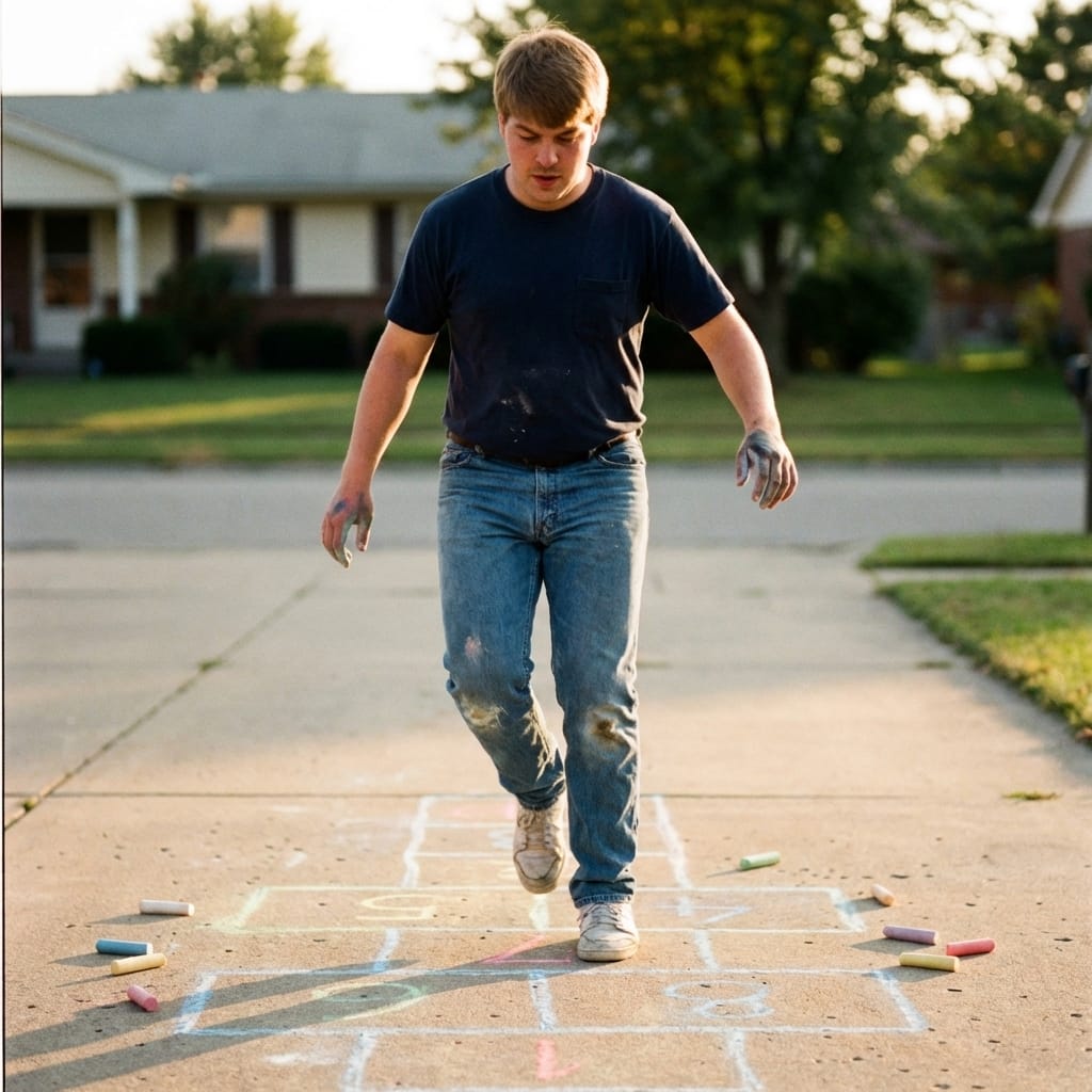 A boy in 1991 playing hopscotch on a chalk grid drawn on a concrete driveway, with chalk dust on his hands and knees.