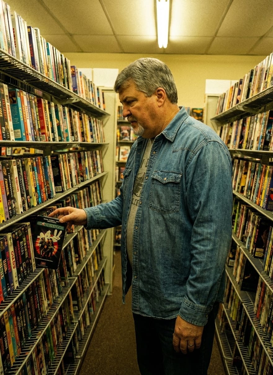 Daniel Harper browsing VHS covers in a 1990 video rental store aisle.