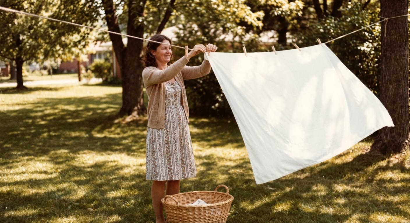A woman hangs a white sheet on an outdoor clothesline with wooden clothespins as it billows in the breeze.