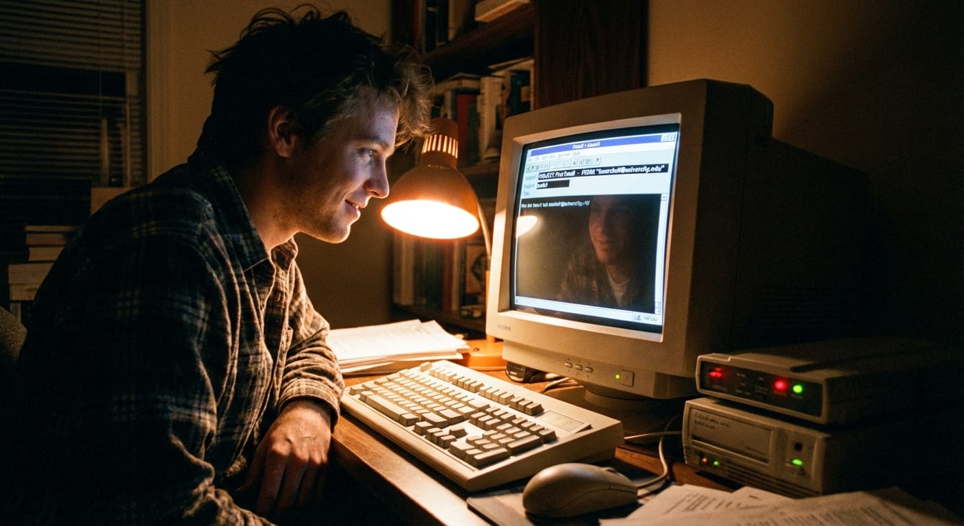 Kevin Marshall in 1994 checking his early email inbox on a desktop computer with dial-up internet.