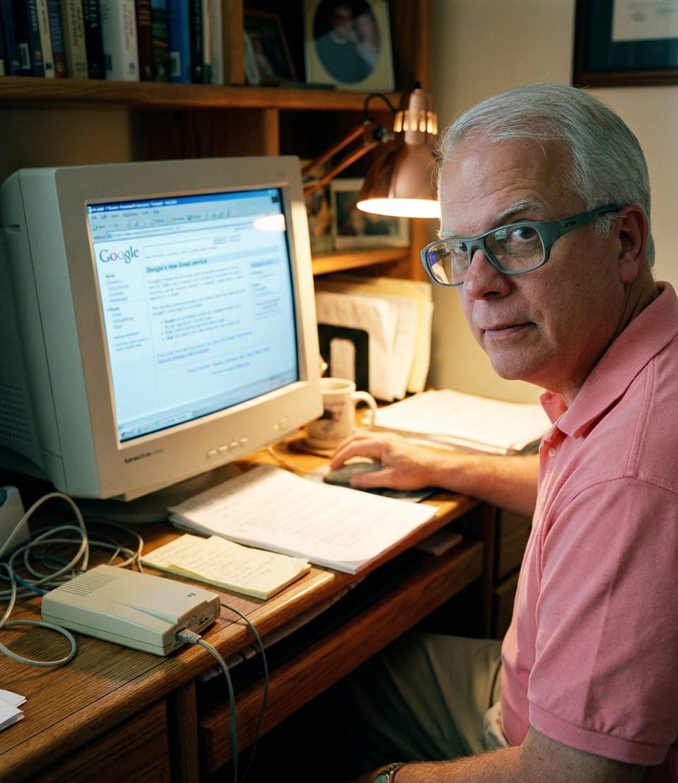 Harvey in a 2004 home office, studying the news of Gmail’s April 1 launch on a CRT monitor.