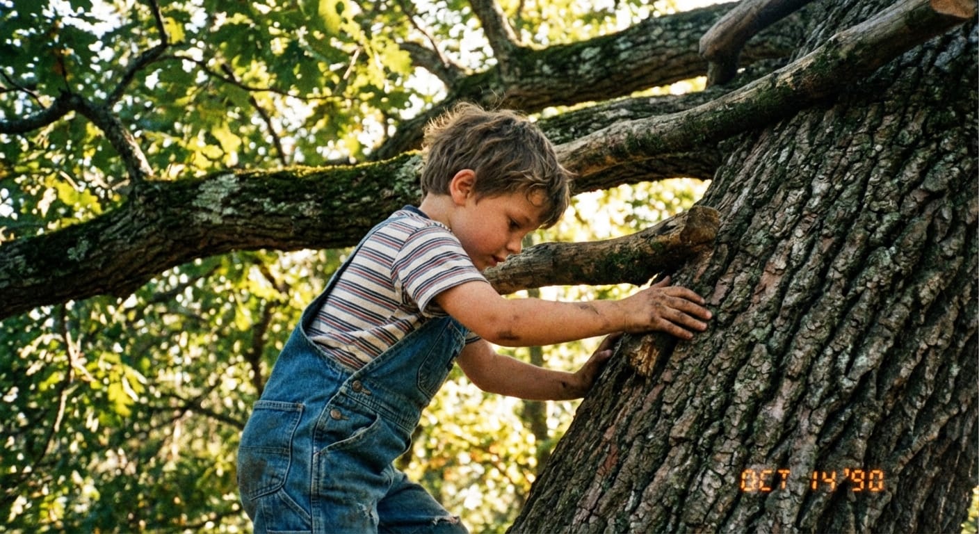 A boy climbs a large oak tree, gripping rough bark and stepping onto sturdy branches in warm afternoon light.