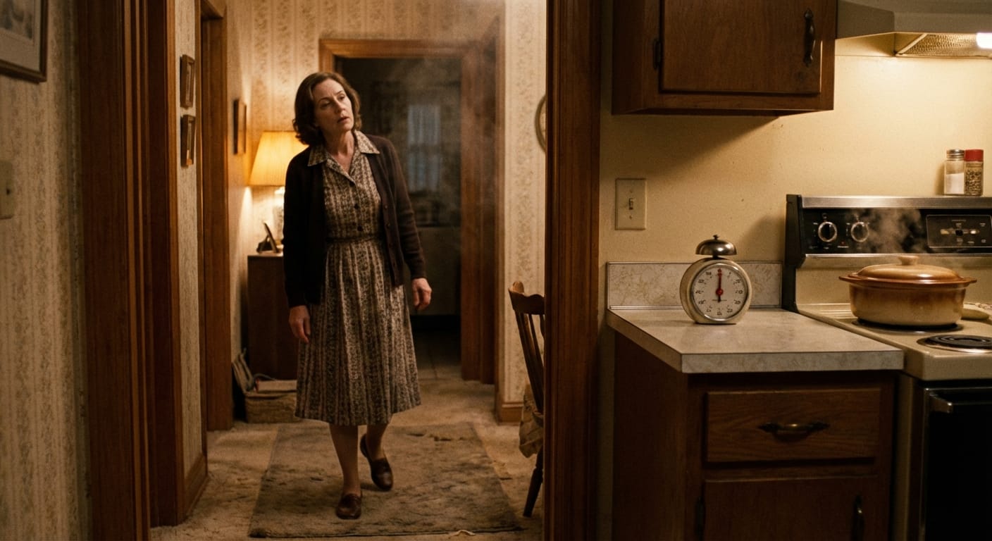 A woman pauses in a late-1970s home as a round mechanical kitchen timer rings from the kitchen counter.