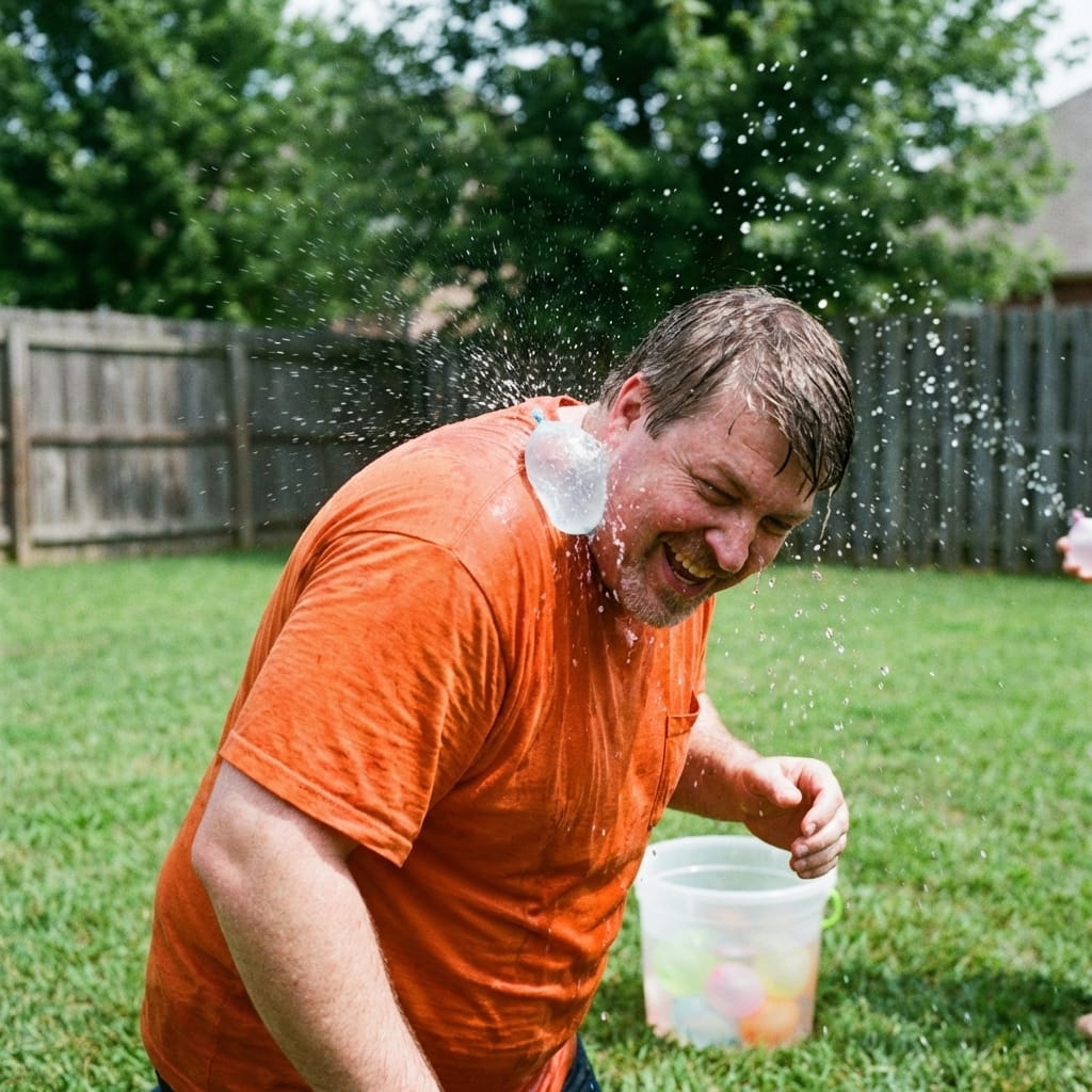 Tyler Grant laughing in a drenched T-shirt during a 1990 backyard water balloon fight.