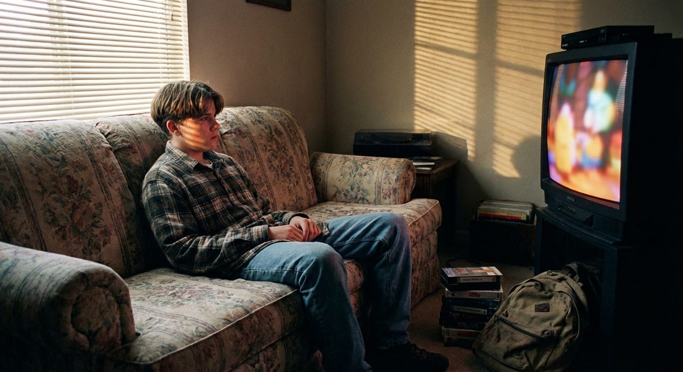 Kevin Marshall relaxing on a worn couch as afternoon cartoons play on a CRT TV in 1996.