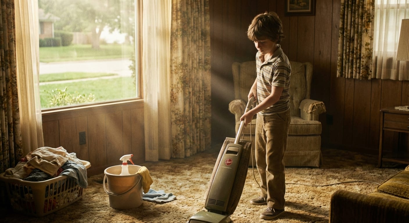 A boy vacuums a living room on a Saturday morning in 1984 with cleaning supplies nearby.