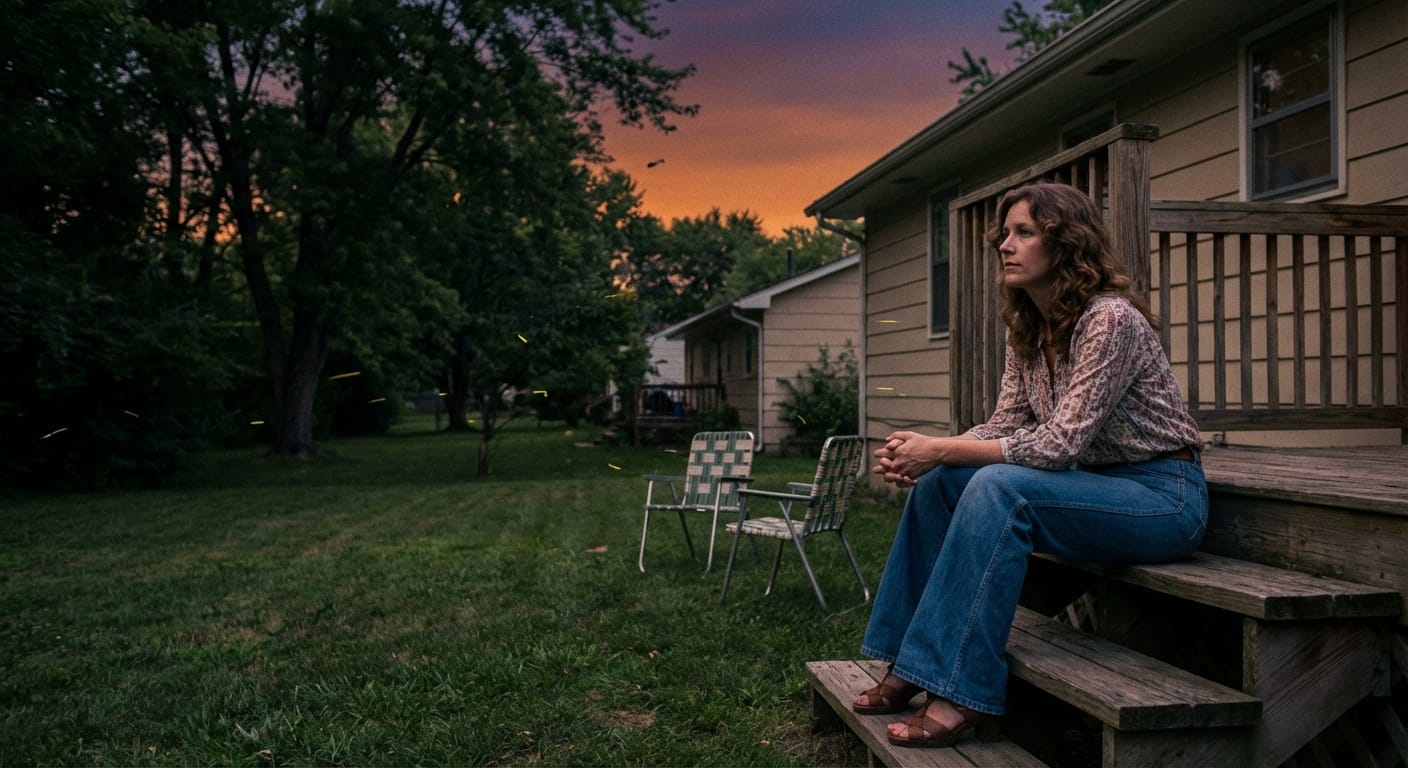 A woman sits on porch steps in a quiet backyard at dusk, listening as crickets begin their steady night rhythm.