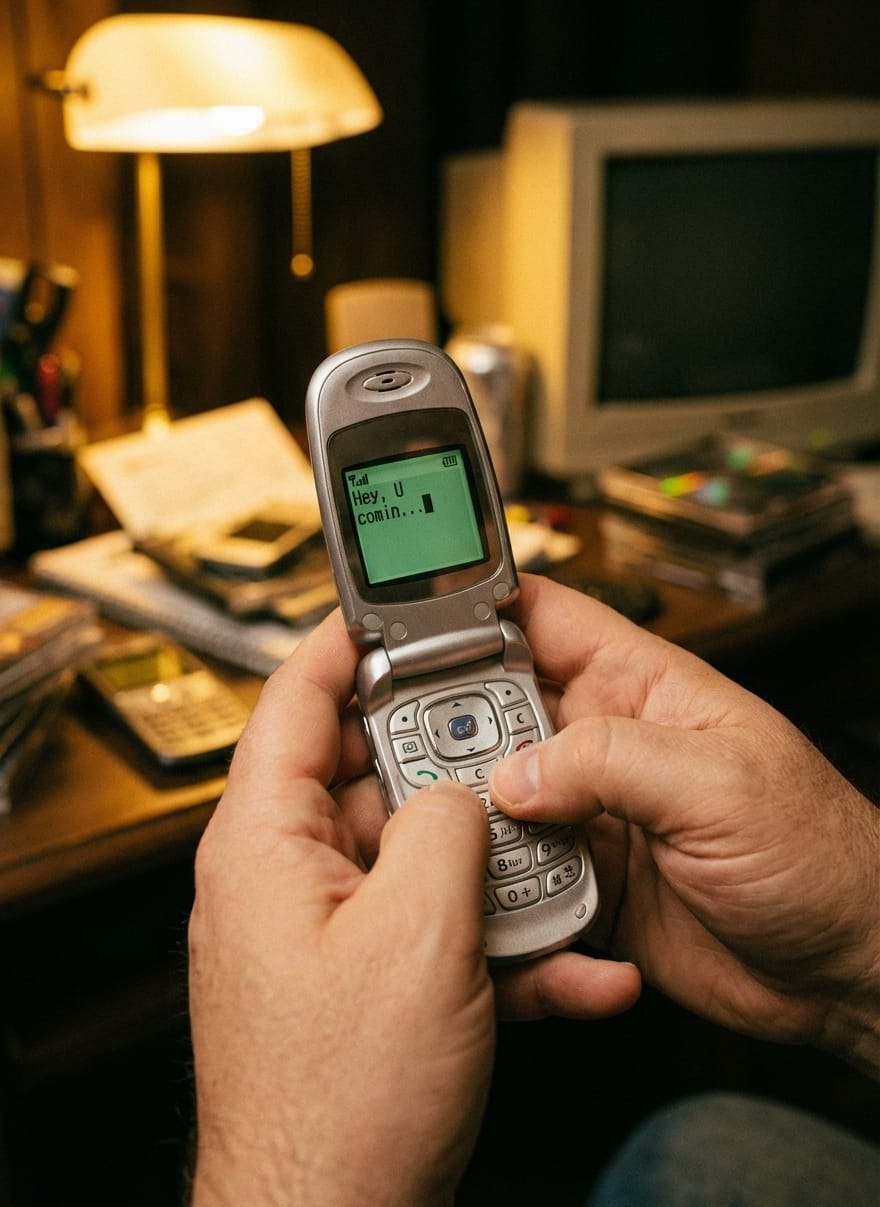 Aaron Mitchell’s hands pressing the T9 keypad on a flip phone in 2002.