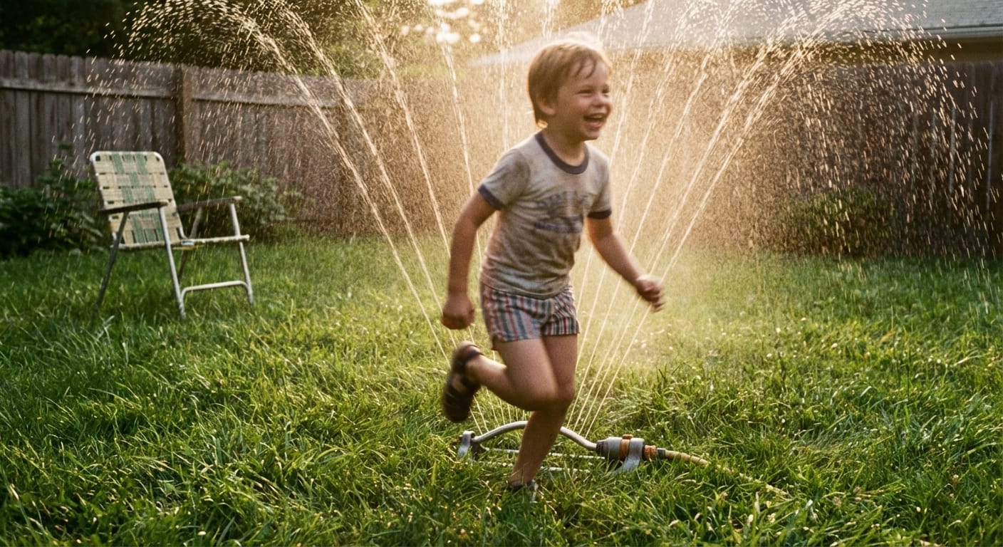 A barefoot boy runs through an oscillating sprinkler on a green lawn, sunlight sparkling in the spray.