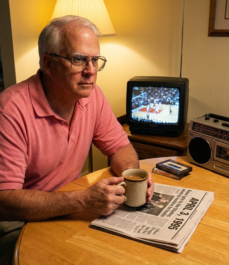 Harvey at a kitchen table in 1995 with a newspaper and TV glow, reflecting on April 3, 1995.