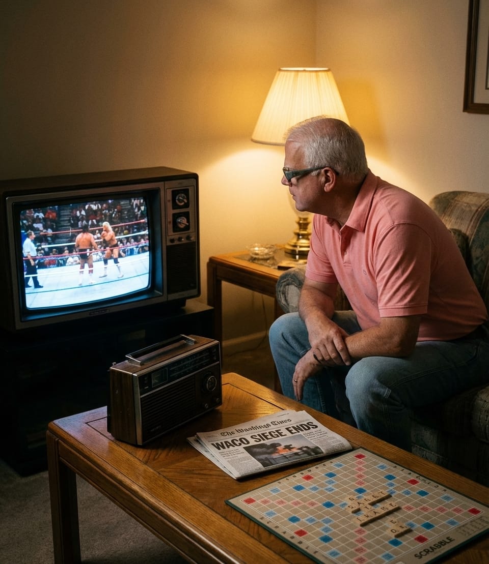 Harvey in a 1993 living room watching TV with a newspaper, radio, and Scrabble game nearby.