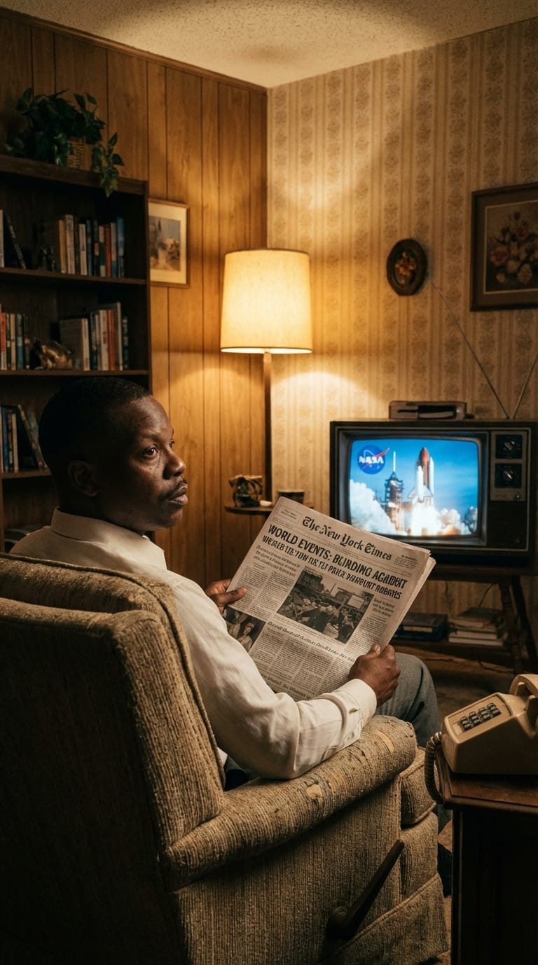 A man in 1985 quietly reads world headlines while a TV in the background shows a space launch.
