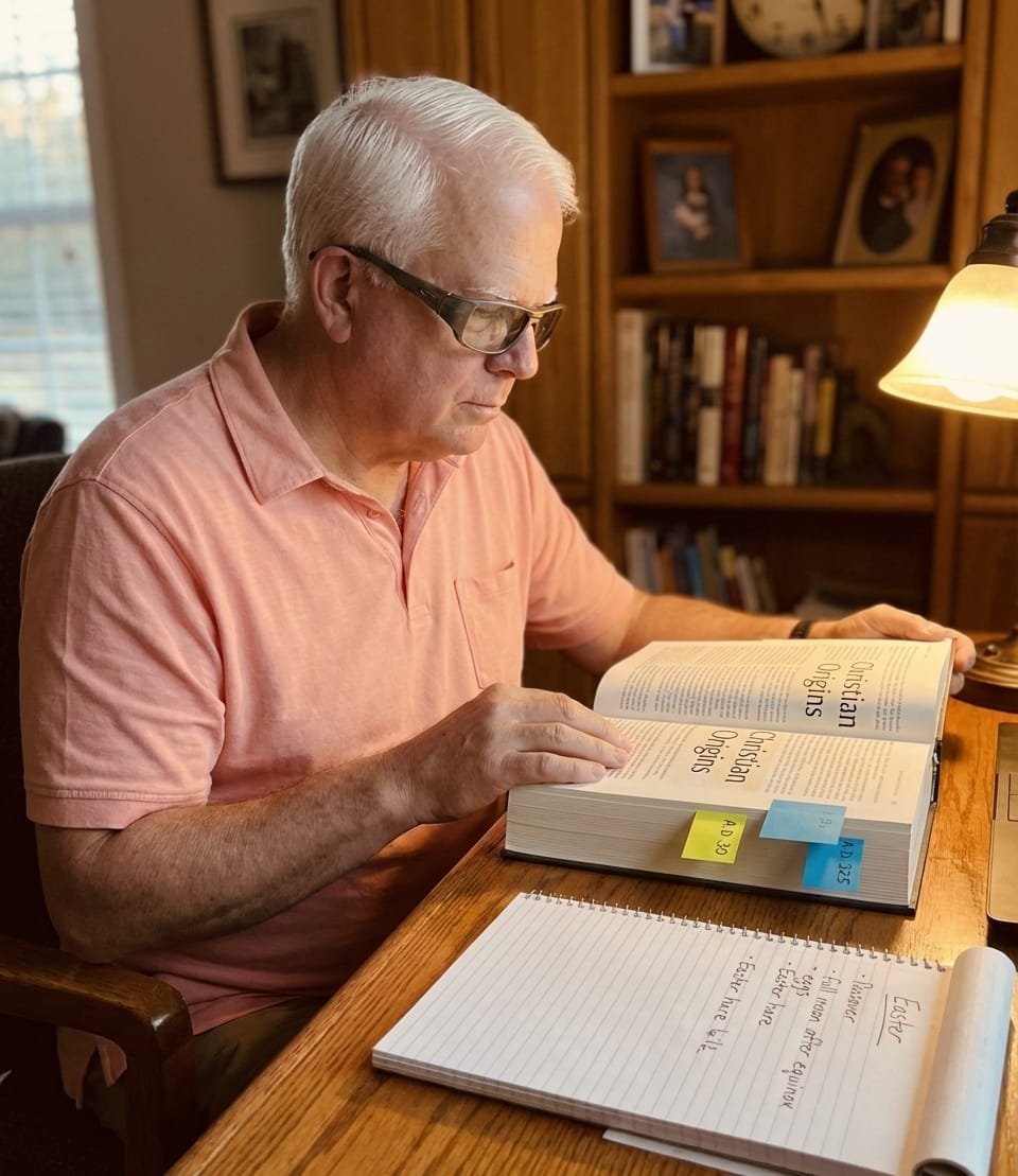 Harvey researching Easter history with books and handwritten notes under warm lamplight.