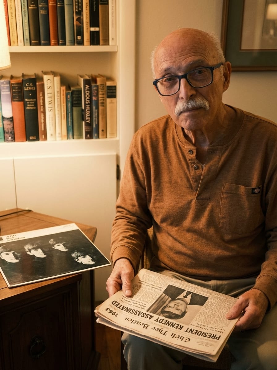 Ken Gallatin reflecting on November 22, 1963 with a newspaper and mid-century items around him.