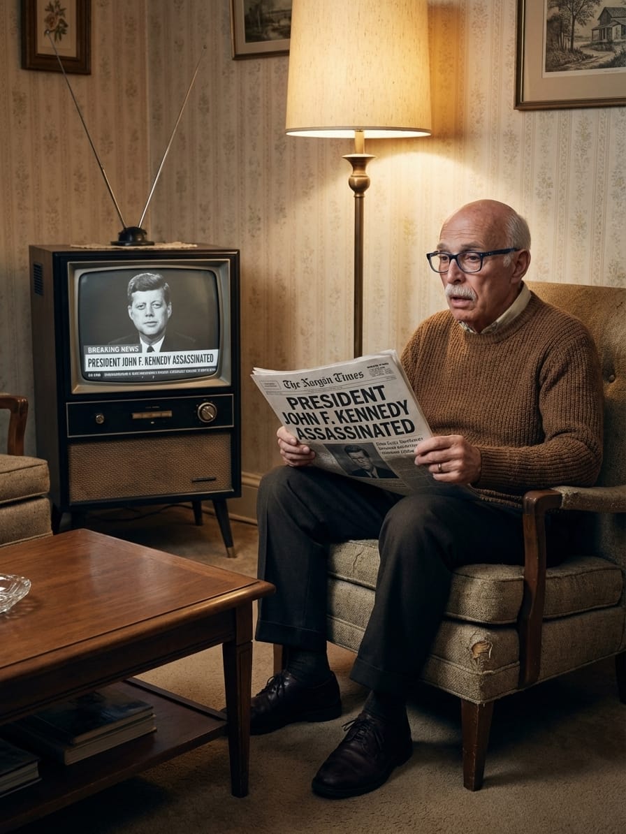 Ken Gallatin watching breaking news on a 1963 television while holding a newspaper announcing JFK’s assassination.