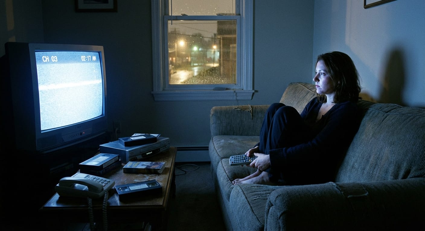 A woman in a dim living room at night holding a remote as a CRT television flickers.