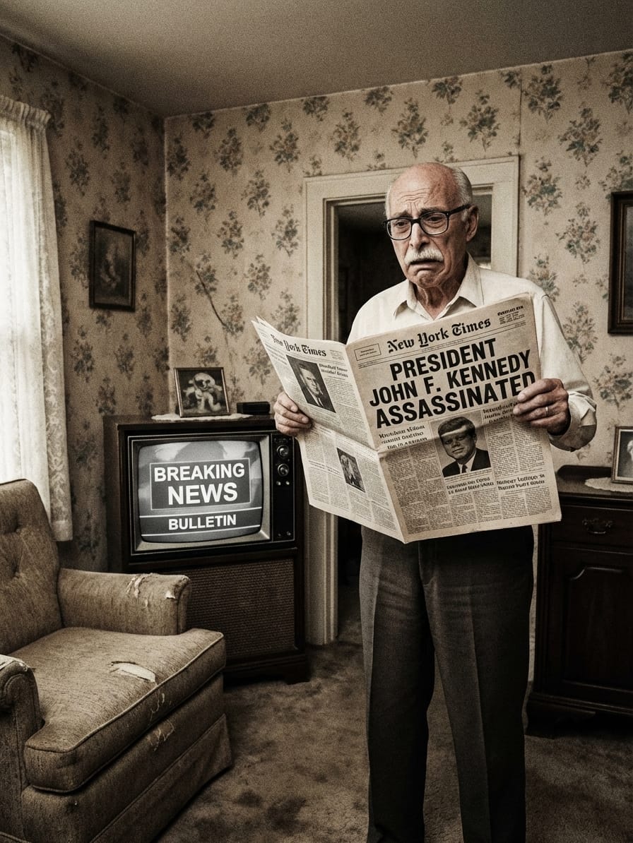 Ken Gallatin watching breaking news on a 1963 television while holding a newspaper with the JFK assassination headline.