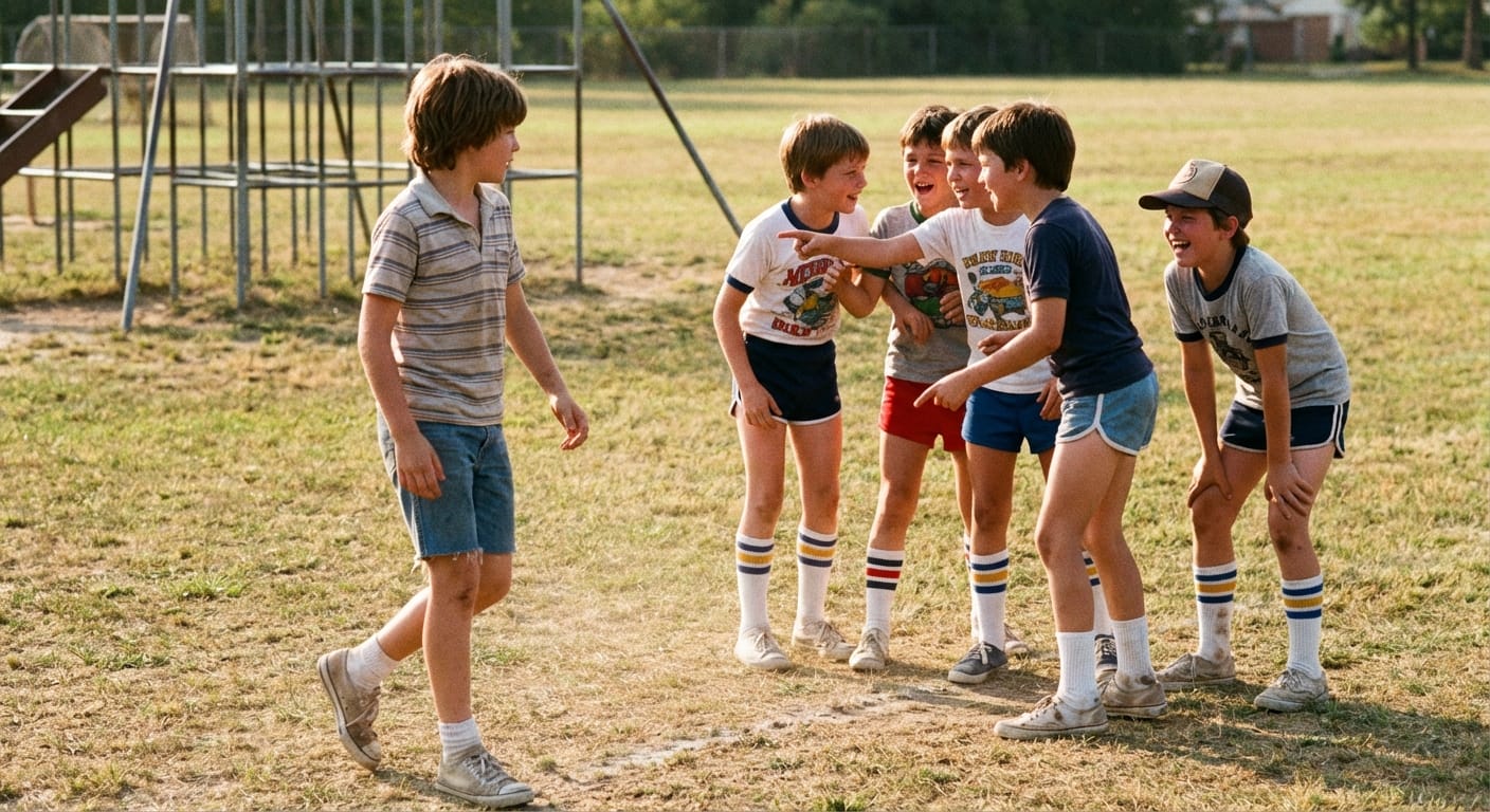Brian Foster and other boys on a 1986 school field during recess, laughing and gesturing as they improvise a game.