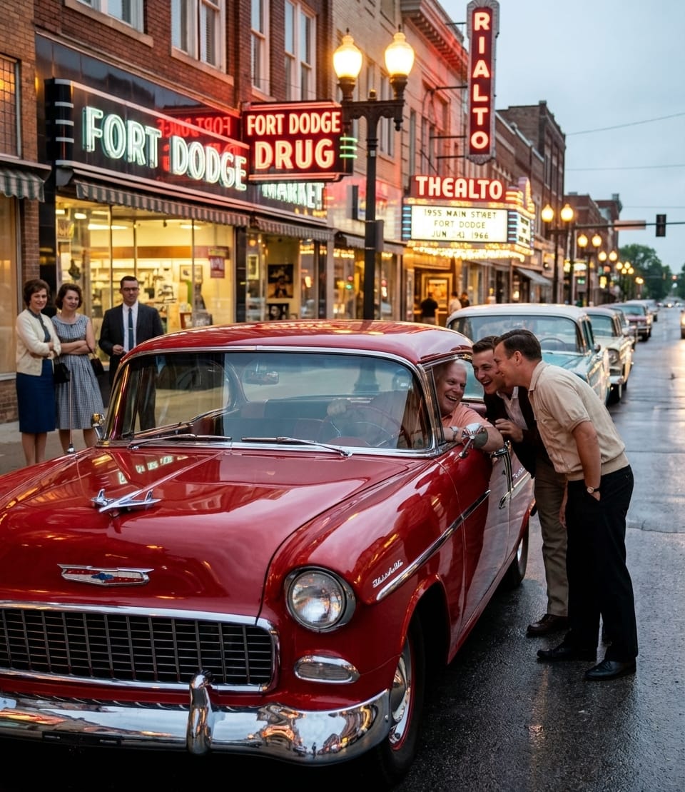 Harvey driving his red 1955 Chevy Bel Air Sport Coupe on Main Street in Fort Dodge with friends on a Friday night in 1966.