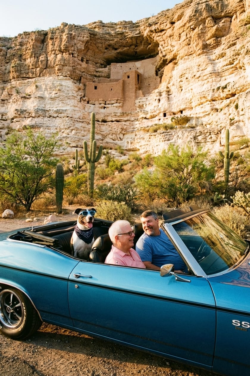 Marty and Harvey with their dog Blue in a blue 1969 Chevelle SS convertible near Montezuma Castle in Arizona.