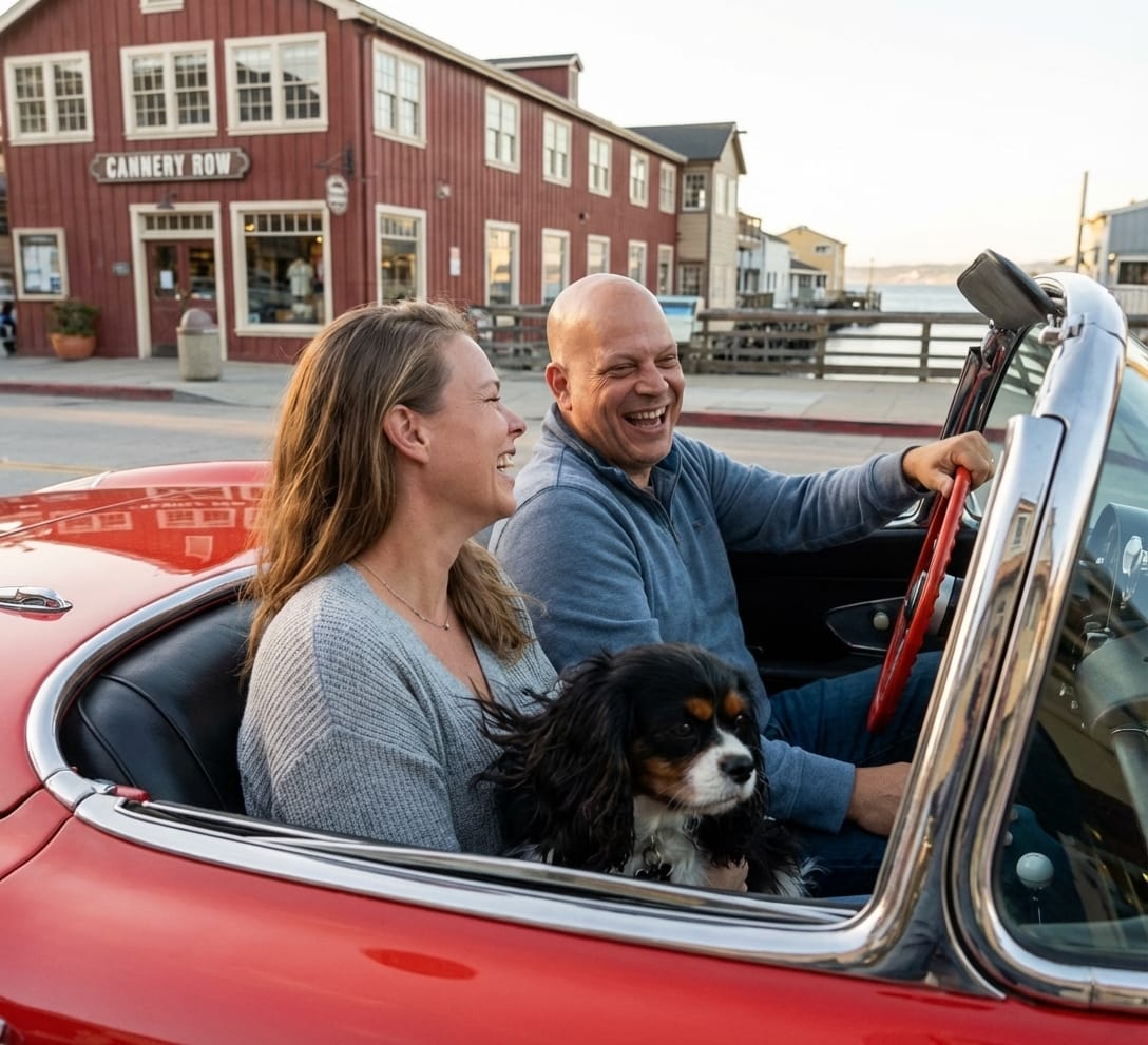 Brett and Jessica laughing in a 1959 red Corvette convertible with their dog Dash on the way to Cannery Row in Monterey.