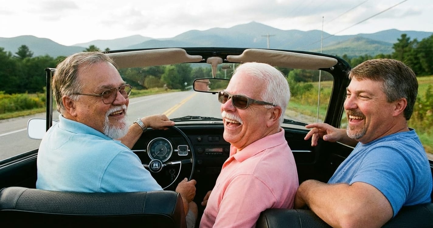 Michael drives a black 1969 VW Beetle convertible with Harvey and Marty, smiling as Mt. Washington rises ahead.