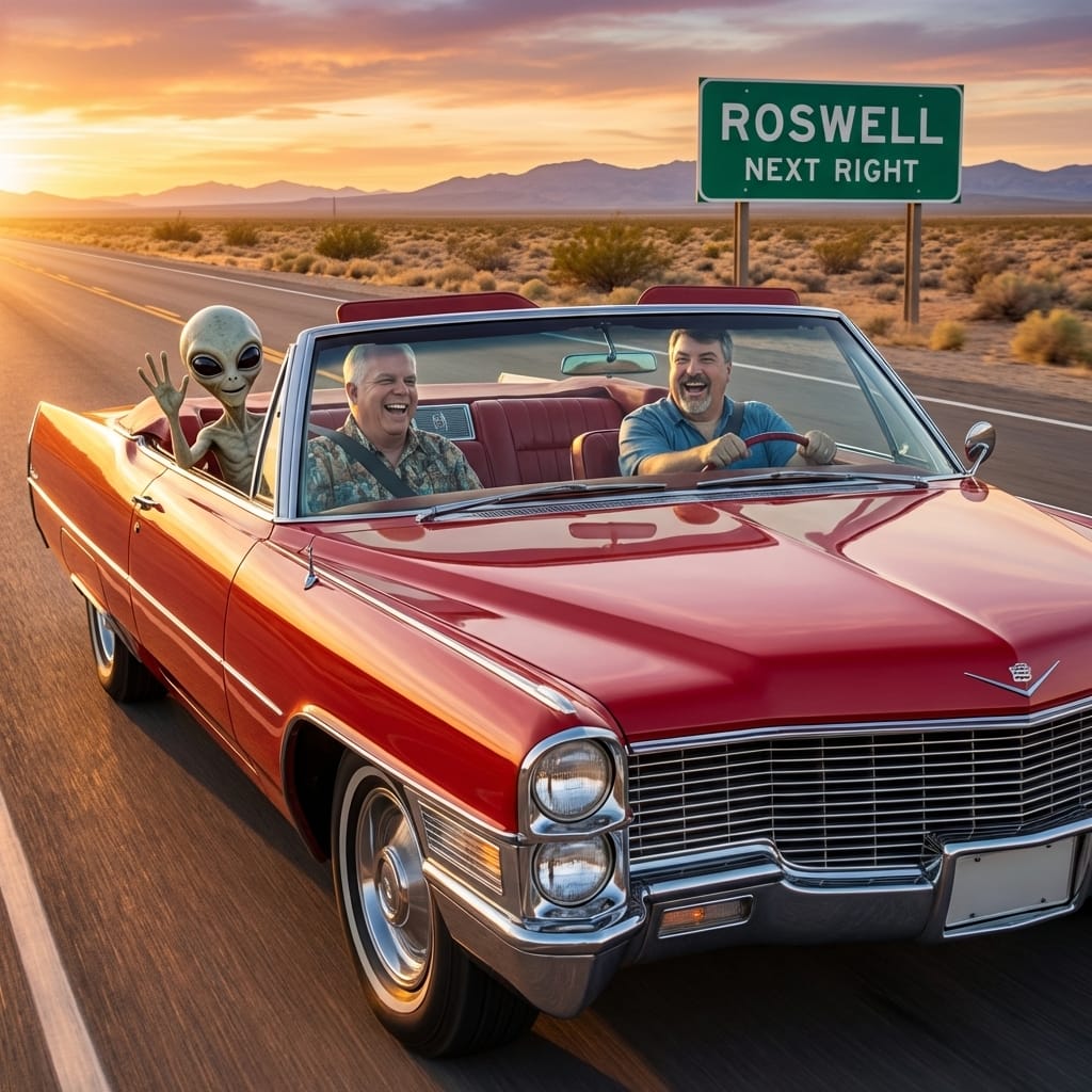 Marty and Harvey driving a red 1965 Cadillac Eldorado convertible toward Roswell with an alien hitchhiker in the back seat.