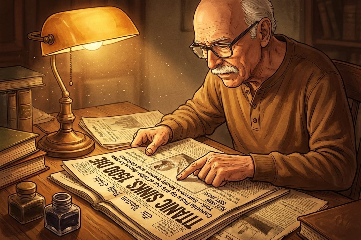 Ken studying an old newspaper headline about the Titanic sinking.
