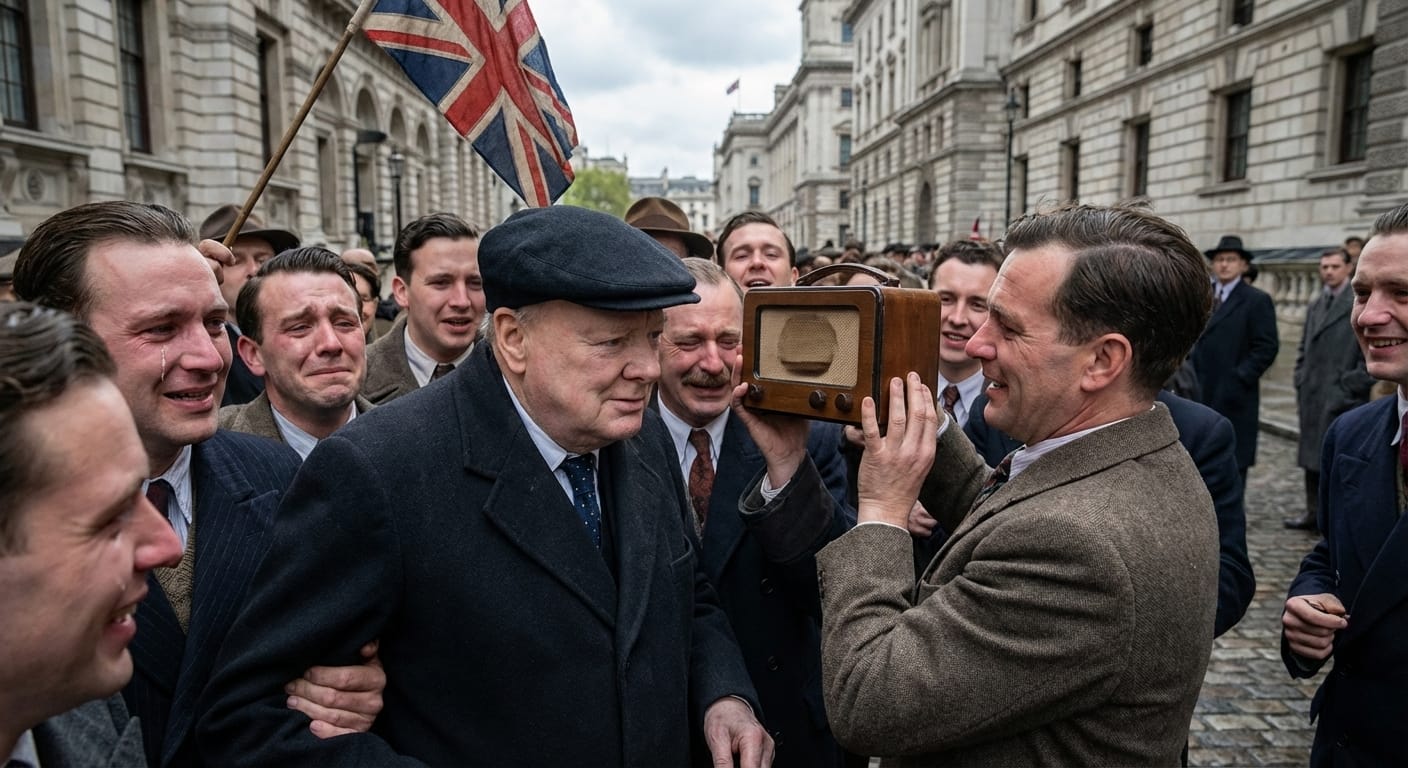 Edward Collins standing in the VE Day crowd at Whitehall near a portable radio and Union Jack flags.