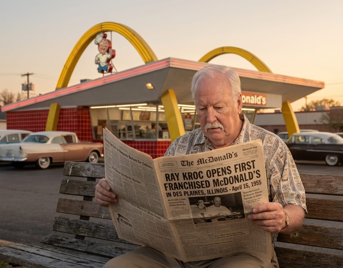 Lenny reading a vintage newspaper about the April 15, 1955 Des Plaines McDonald’s opening, with the early Golden Arches imagined in the background.