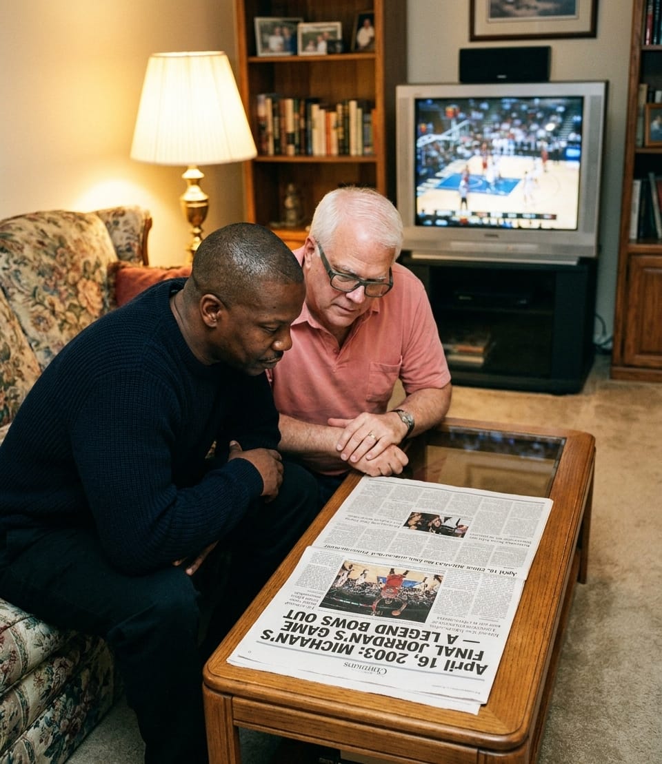 Orlando and Harvey read an April 16, 2003 newspaper headline about Michael Jordan’s final NBA game.