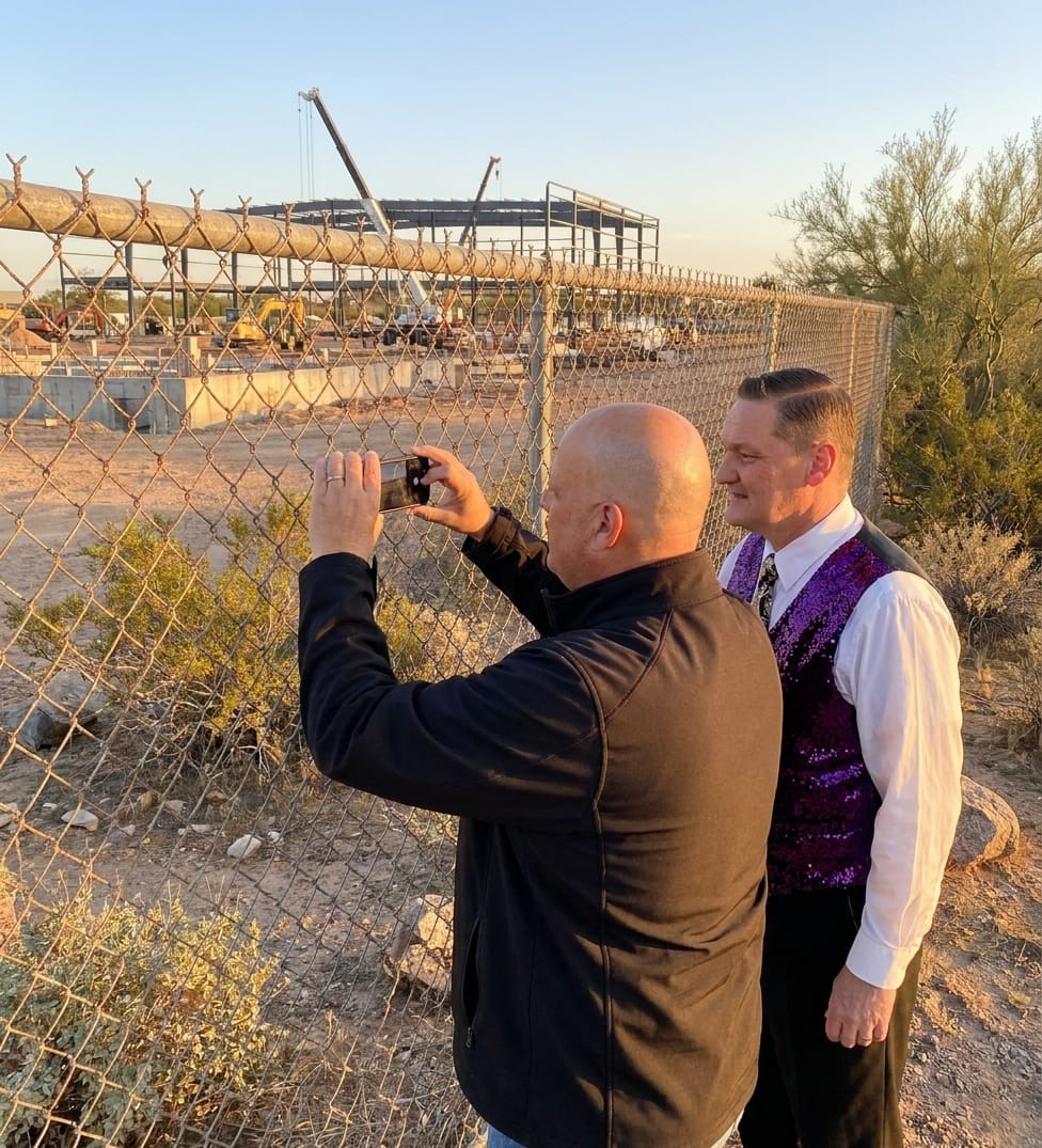 Mark and Brett looking through a chain-link fence at the Fire N Ice Arena construction site in North Phoenix as one of them takes a photo.