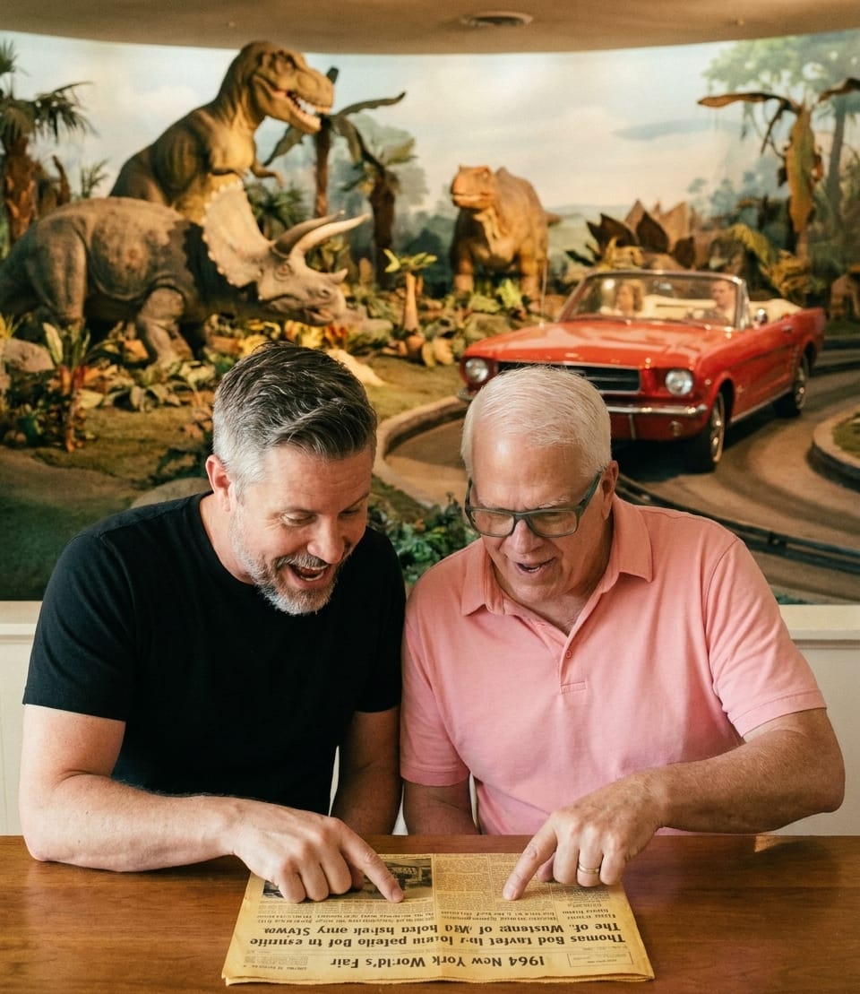 Thomas and Harvey revisiting a 1964 newspaper headline about the Mustang debut and the Disney-designed Magic Skyway.
