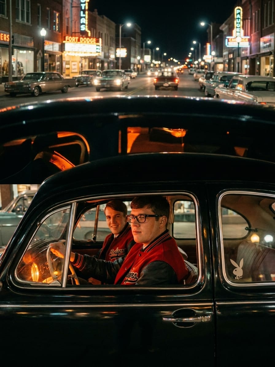 Two young men in Dodgers letterman jackets ride in a black 1960 Volkswagen Beetle while cruising Fort Dodge’s Central Avenue at night in 1968.