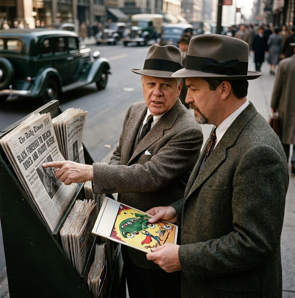 Marty and Harvey at a 1938 newsstand, focused on the day Superman debuted.