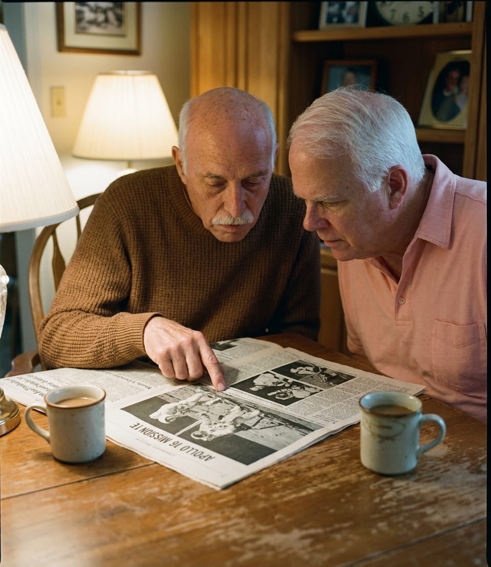 Harvey And Ken in 1972 looking over a newspaper story about Apollo 16.