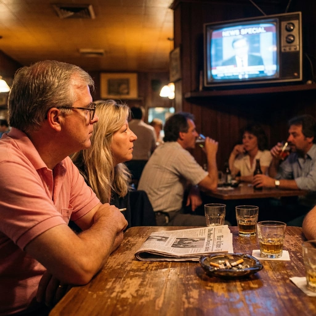 Harvey and Leonie in a Chicago bar in 1986 reading the newspaper and watching The Mystery of Al Capone’s Vaults on TV.