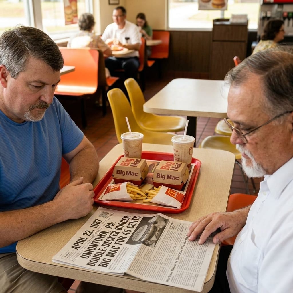 Marty And Michael read a newspaper headline about the Big Mac’s 1967 debut while eating Big Macs and fries in a McDonald’s in Moody, Alabama.