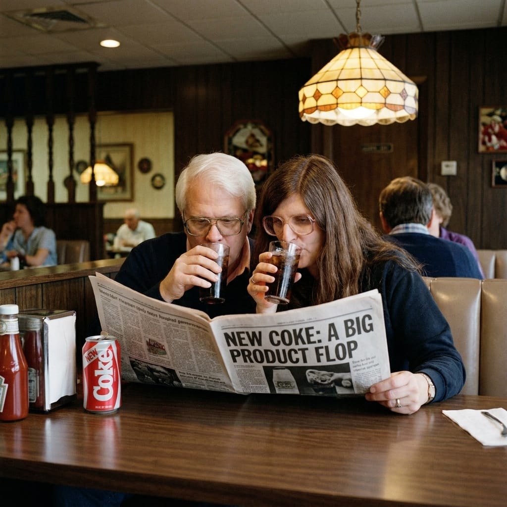 Two women at a Denny’s booth in 1985 Fort Dodge reading a newspaper headline while drinking New Coke.