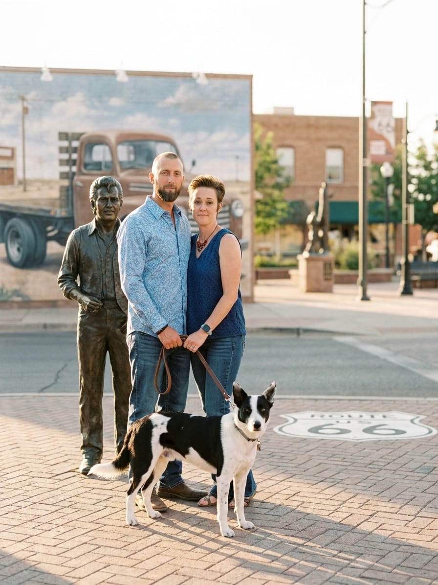 Michael and Tamara Kaeen with their dog Patchy at Standin' on the Corner Park in Winslow, Arizona on Route 66.