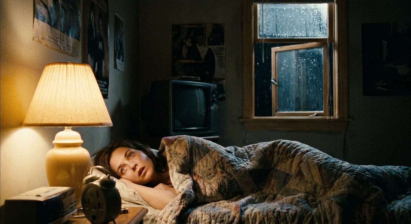 A woman in a softly lit 1990s bedroom listens to steady rain through a slightly open window.