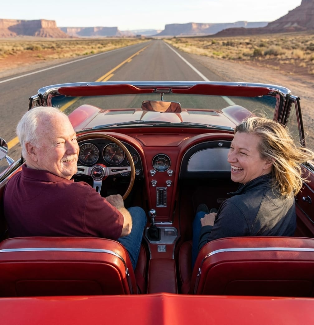 Lenny drives a red 1964 Corvette convertible on Route 66 with Brandy riding shotgun in the desert.