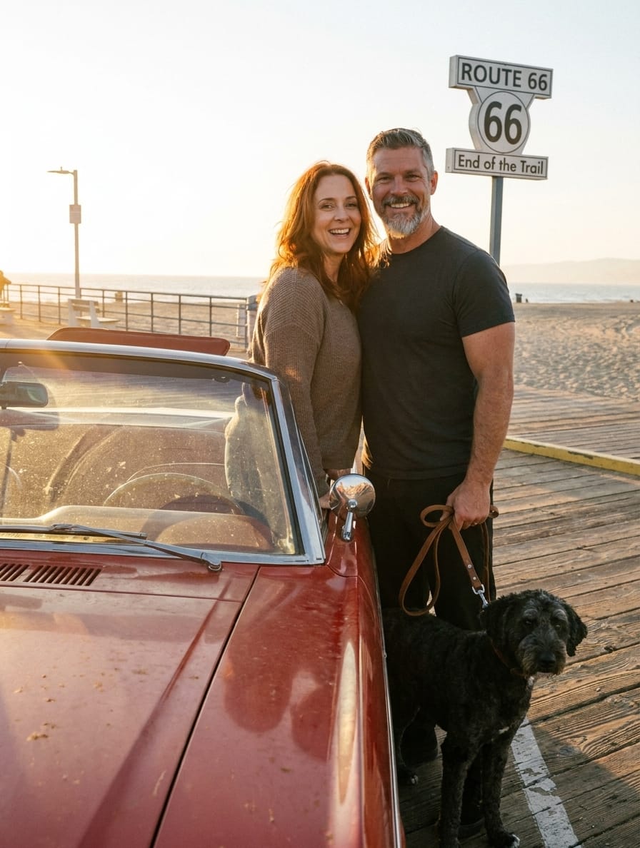 Thomas and Crystal Waldron with Dexter beside their red 1966 Mustang at the end of Route 66 near the Santa Monica Pier.