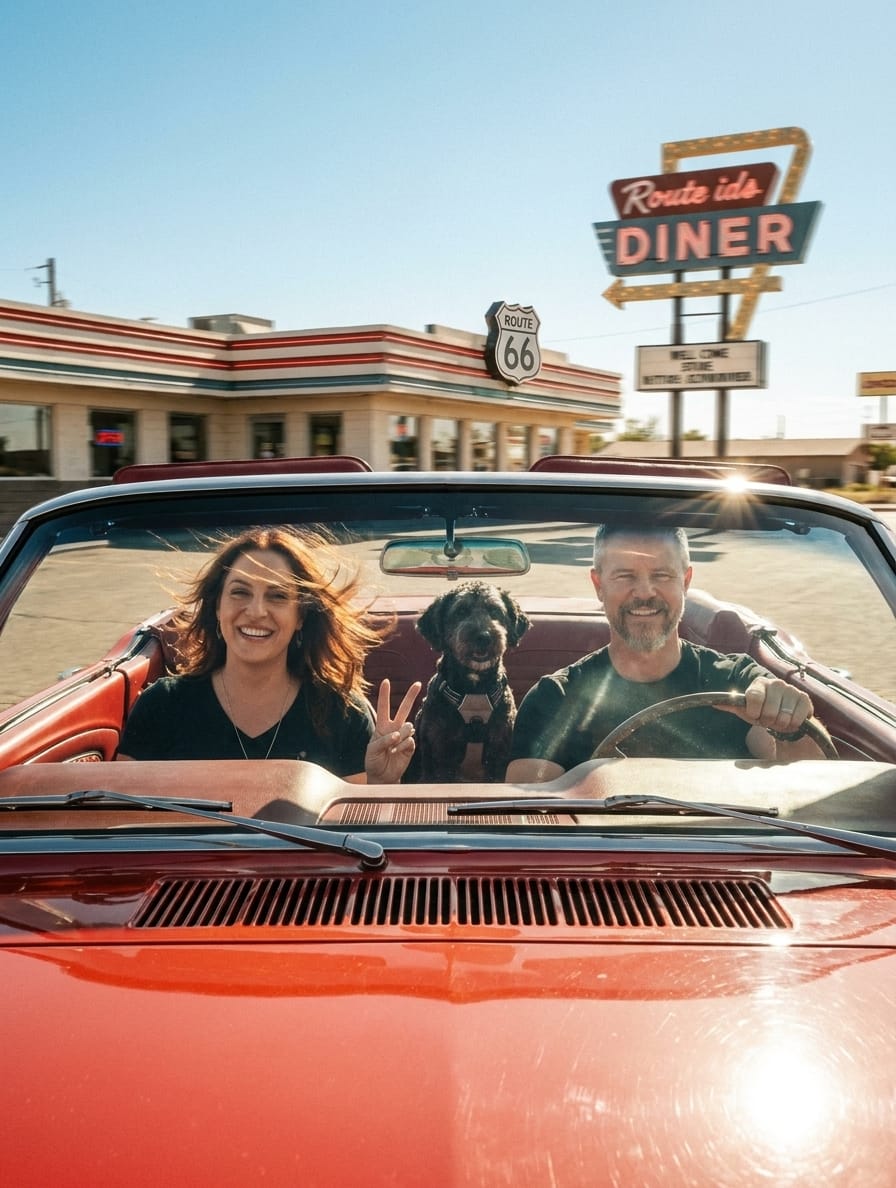 Thomas and Crystal Waldron driving a red 1966 Mustang convertible on Route 66 with their dog Dexter in the back seat.